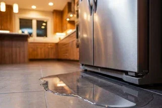 Leaking Refrigerator Before Repair Water leaking from a refrigerator onto the kitchen floor.