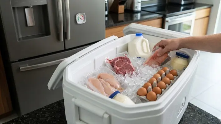 Packing perishable food like meat and dairy into an ice-filled cooler to maintain food safety while figuring out why is my refrigerator not cooling.