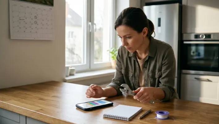 A homeowner holding a wrench while checking a calendar on her smartphone to schedule tasks from the complete home appliance maintenance checklist for homeowners.