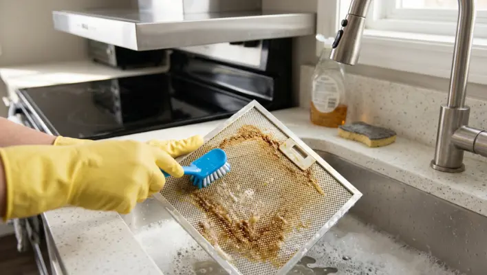 Person wearing yellow gloves scrubbing a grease-filled range hood mesh filter in a kitchen sink as a monthly step in the complete home appliance maintenance checklist for homeowners.