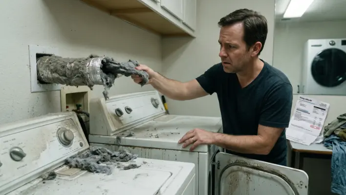 A frustrated homeowner pulling a large lint clog from a dryer vent, illustrating why you need the complete home appliance maintenance checklist for homeowners.
