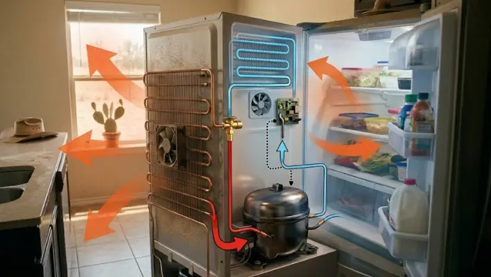 A visual breakdown of refrigerator components showing airflow and mechanics to help diagnose why is my refrigerator not cooling.