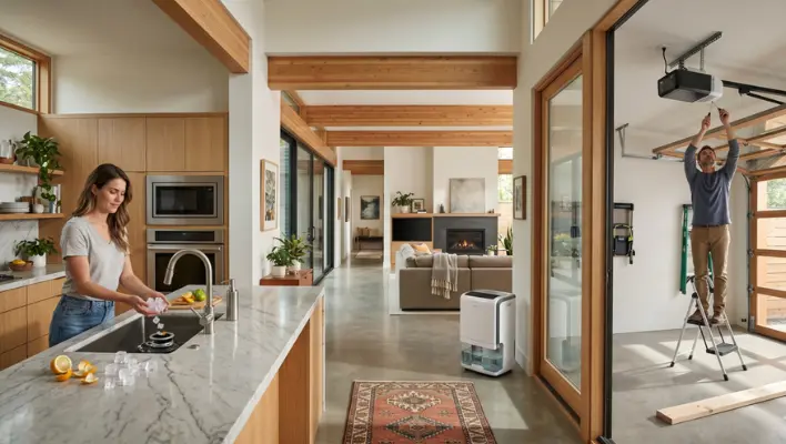 Homeowners performing upkeep on a garbage disposal, dehumidifier, and garage door opener, highlighting the small unit section of the complete home appliance maintenance checklist for homeowners.