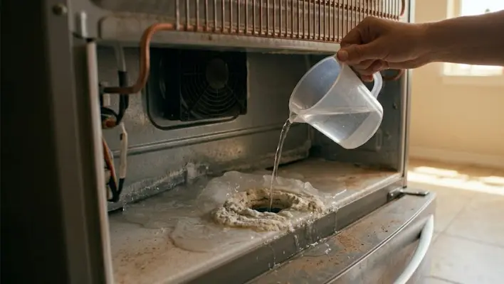 Pouring warm water to unclog a frozen refrigerator defrost drain tube when troubleshooting why is my refrigerator not cooling.