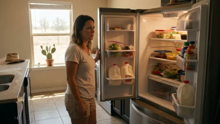 A frustrated woman opening a warm fridge, wondering why is my refrigerator not cooling during a hot Texas summer.
