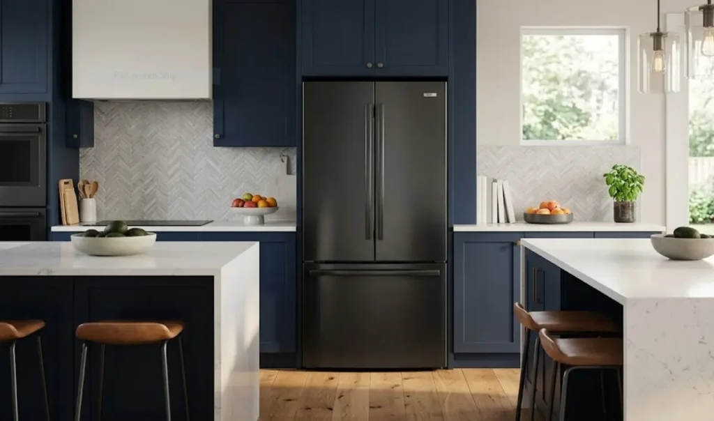A beautifully designed modern kitchen featuring a dark stainless steel fridge to introduce the comprehensive guide on why is my refrigerator not cooling.
