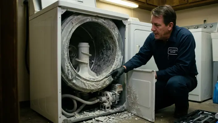 A look inside a disassembled washing machine showing severe white calcium and magnesium mineral buildup caused by hard water.