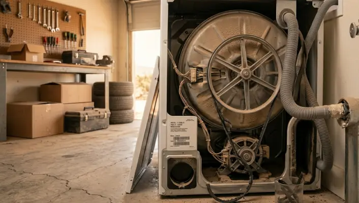 The open back panel of a washing machine in a hot garage showing a cracked and worn rubber drive belt wrapped around the large drum pulley.