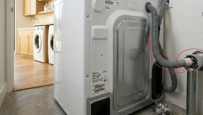 The back of a washing machine showing a grey corrugated drain hose connected to a wall standpipe with an obvious bend and lint accumulation.