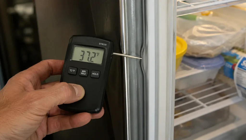 Technician checking refrigerator temperature with a digital thermometer near the door seal