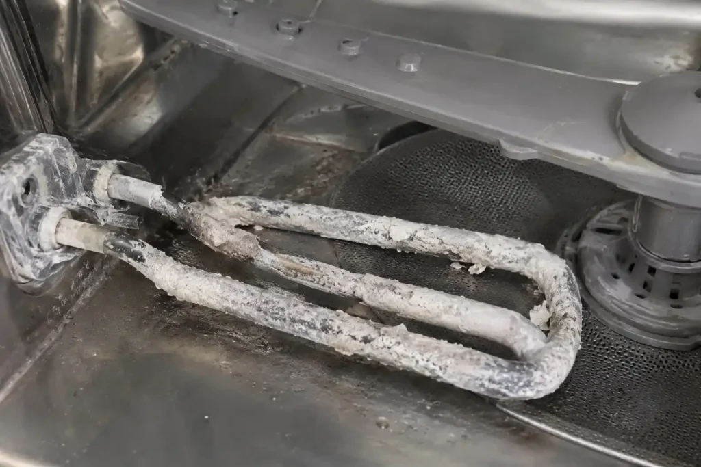 Mineral scale buildup on a dishwasher heating element caused by Abilene hard water