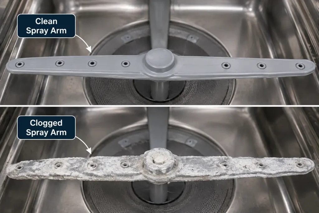 Clean dishwasher spray arm compared to one damaged by Abilene's hard water