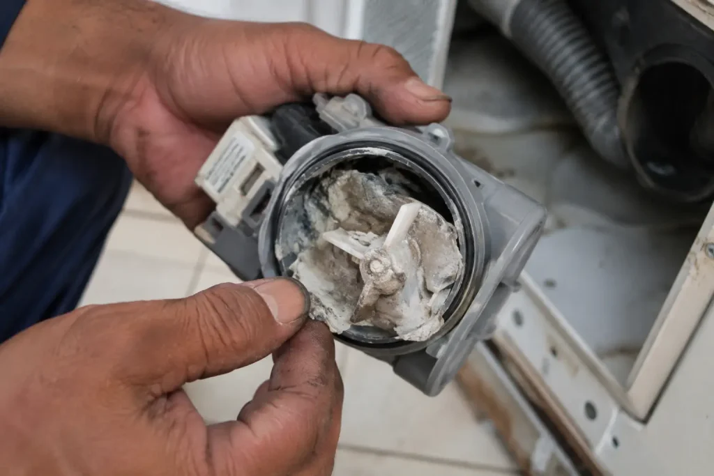 Washing machine drain pump clogged with mineral scale from Abilene hard water