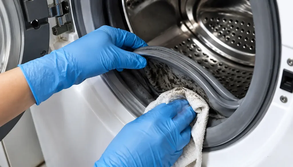 Gloved hand wiping mold from a front load washer door gasket with a cloth and diluted cleaner