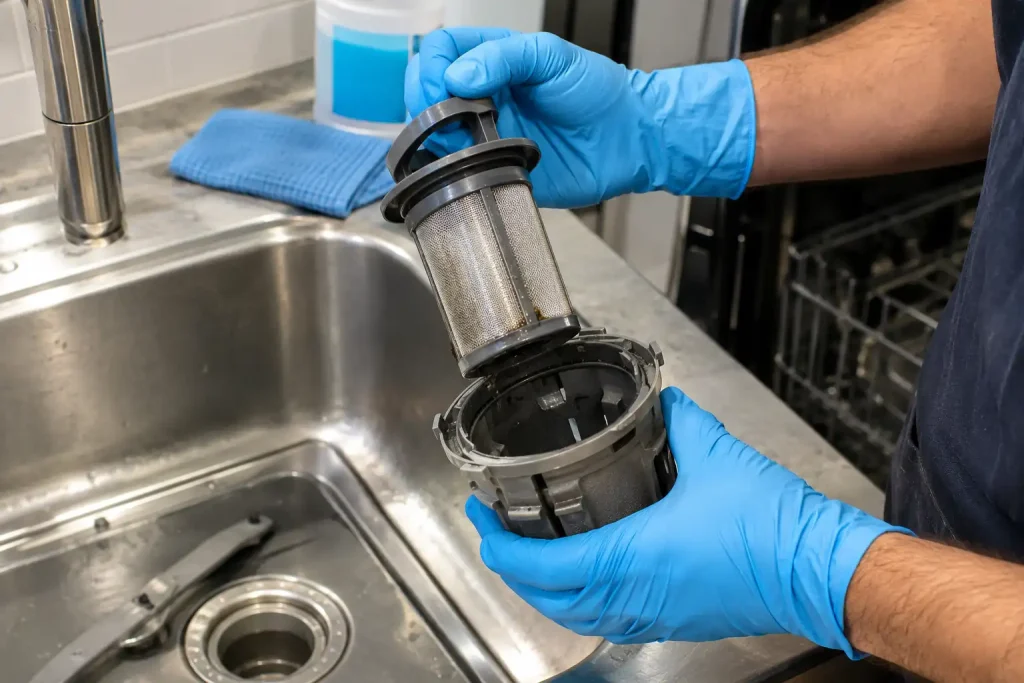Technician removing dishwasher filter to fix dishwasher not draining all the water