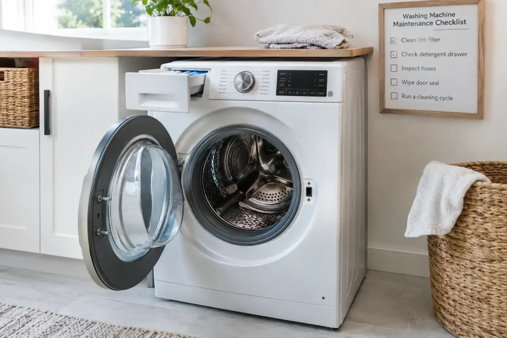 Front load washer door left open to air dry, a simple step for how to clean a smelly front load washer for good