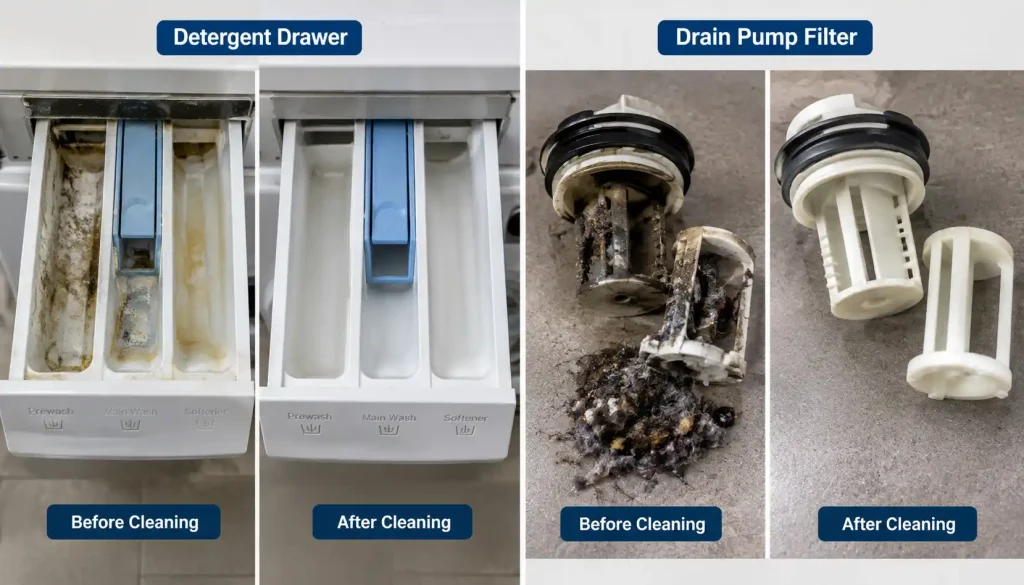 Removed detergent drawer and drain pump filter showing detergent buildup on a front load washer