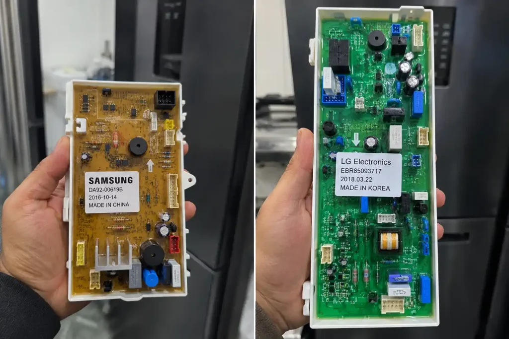 Samsung vs LG appliance repair technician comparing two refrigerator control boards