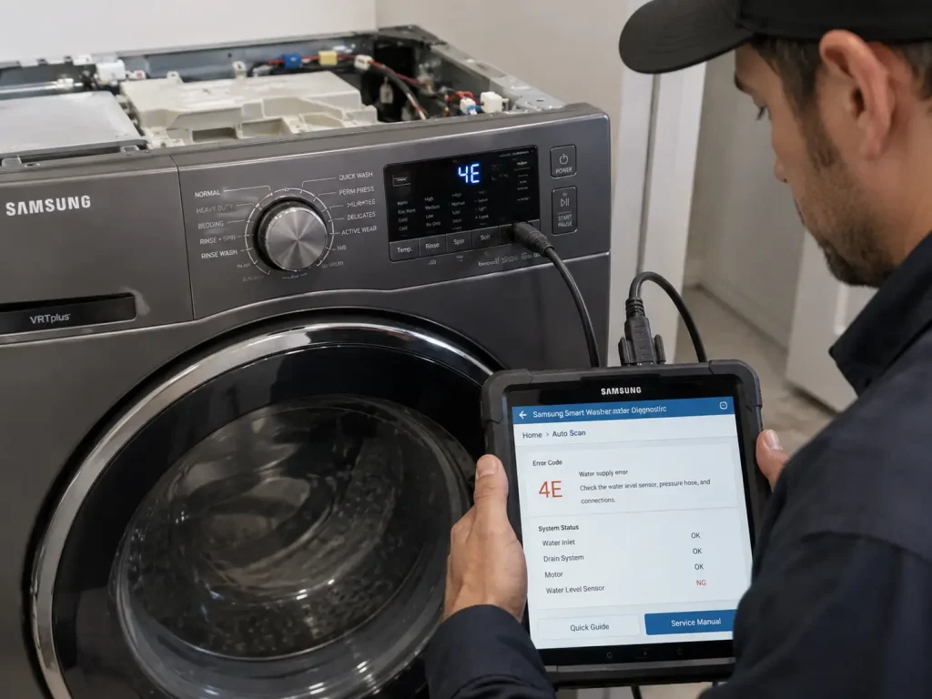 Technician running diagnostics during Samsung vs LG appliance repair on a smart washing machine