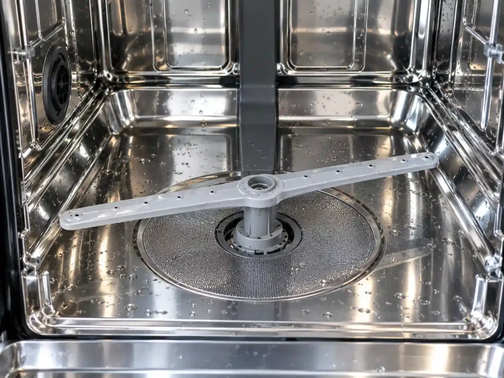 Clean lower spray arm reinstalled in a dishwasher after unclogging blocked spray holes