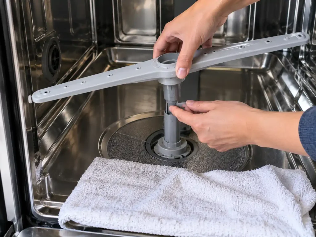 Hands lifting a lower spray arm from its post to safely remove a dishwasher spray arm