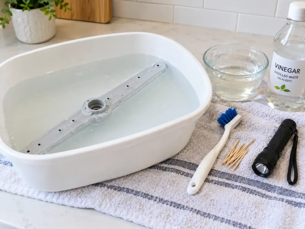 Soaking and cleaning clogged dishwasher spray arms in a vinegar solution with a soft brush