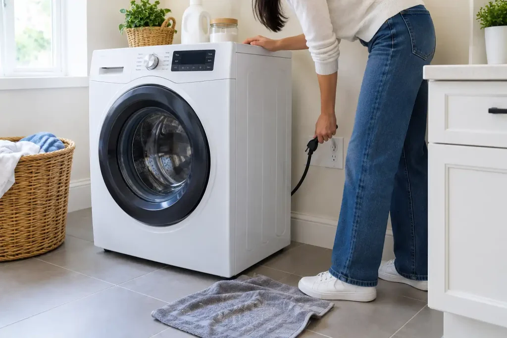 Homeowner unplugging a washing machine before troubleshooting an error code